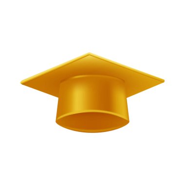 Gerçekçi altın mezuniyet şapkası. 3 Boyutlu Doktora Şapkası. Yüksek lisans akademik havan topu. Öğrenci diploması. Vektör illüstrasyonu.