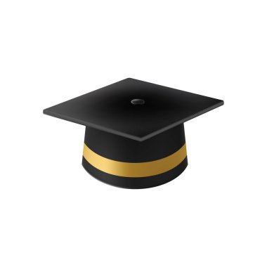 Gerçekçi siyah mezuniyet şapkası. 3 Boyutlu Doktora Şapkası. Yüksek lisans akademik havan topu. Öğrenci diploması. Vektör illüstrasyonu.