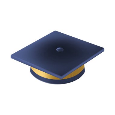 Gerçekçi Mavi mezuniyet şapkası. 3 Boyutlu Doktora Şapkası. Yüksek lisans akademik havan topu. Öğrenci diploması. Vektör illüstrasyonu.