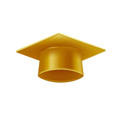 Gerçekçi altın mezuniyet şapkası. 3 Boyutlu Doktora Şapkası. Yüksek lisans akademik havan topu. Öğrenci diploması. Vektör illüstrasyonu.