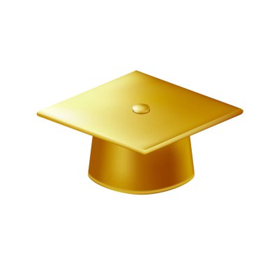 Gerçekçi altın mezuniyet şapkası. 3 Boyutlu Doktora Şapkası. Yüksek lisans akademik havan topu. Öğrenci diploması. Vektör illüstrasyonu.