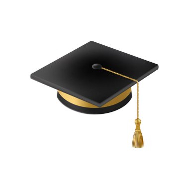 Gerçekçi siyah mezuniyet şapkası. 3 Boyutlu Doktora Şapkası. Yüksek lisans akademik havan topu. Öğrenci diploması. Vektör illüstrasyonu.