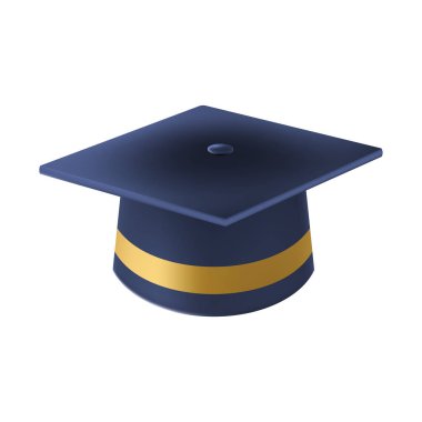 Gerçekçi Mavi mezuniyet şapkası. 3 Boyutlu Doktora Şapkası. Yüksek lisans akademik havan topu. Öğrenci diploması. Vektör illüstrasyonu.