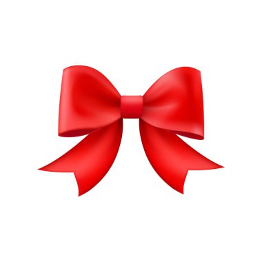 3D gerçekçi kırmızı hediye yayı. Noel, doğum günü ve satış dekorasyonu. İpek fiyonk. Geleneksel tatil aksesuarı. Vektör illüstrasyonuName.