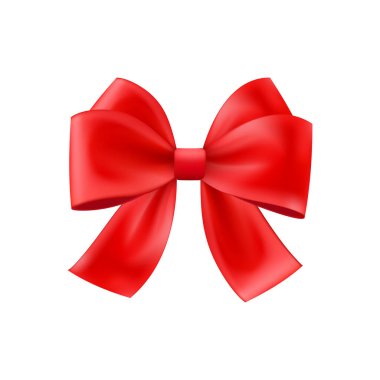 3D gerçekçi kırmızı hediye yayı. Noel, doğum günü ve satış dekorasyonu. İpek fiyonk. Geleneksel tatil aksesuarı. Vektör illüstrasyonuName.