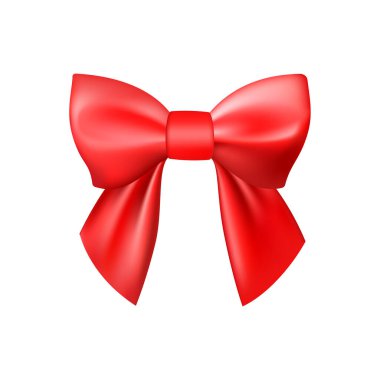 3D gerçekçi kırmızı hediye yayı. Noel, doğum günü ve satış dekorasyonu. İpek fiyonk. Geleneksel tatil aksesuarı. Vektör illüstrasyonuName.