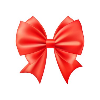 3D gerçekçi kırmızı hediye yayı. Noel, doğum günü ve satış dekorasyonu. İpek fiyonk. Geleneksel tatil aksesuarı. Vektör illüstrasyonuName.