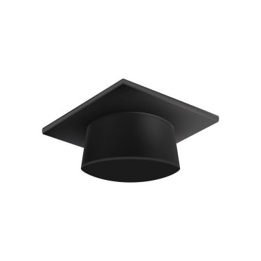 Gerçekçi siyah mezuniyet şapkası. 3 Boyutlu Doktora Şapkası. Yüksek lisans akademik havan topu. Öğrenci diploması. Vektör illüstrasyonu.