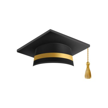 Gerçekçi siyah mezuniyet şapkası. 3 Boyutlu Doktora Şapkası. Yüksek lisans akademik havan topu. Öğrenci diploması. Vektör illüstrasyonu.