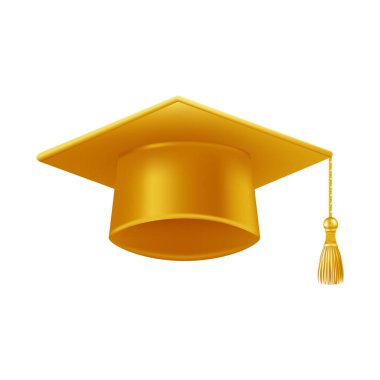 Gerçekçi altın mezuniyet şapkası. 3 Boyutlu Doktora Şapkası. Yüksek lisans akademik havan topu. Öğrenci diploması. Vektör illüstrasyonu.