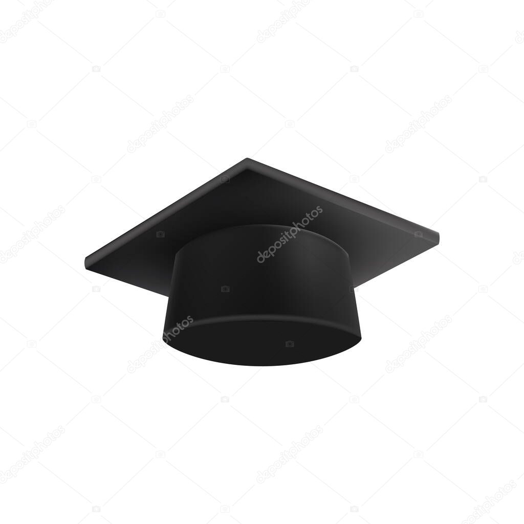 Realistic Black graduate cap. 3D Graduation Doctoral hat. PhD Academic mortarboard. Student degree board. Vector illustration.