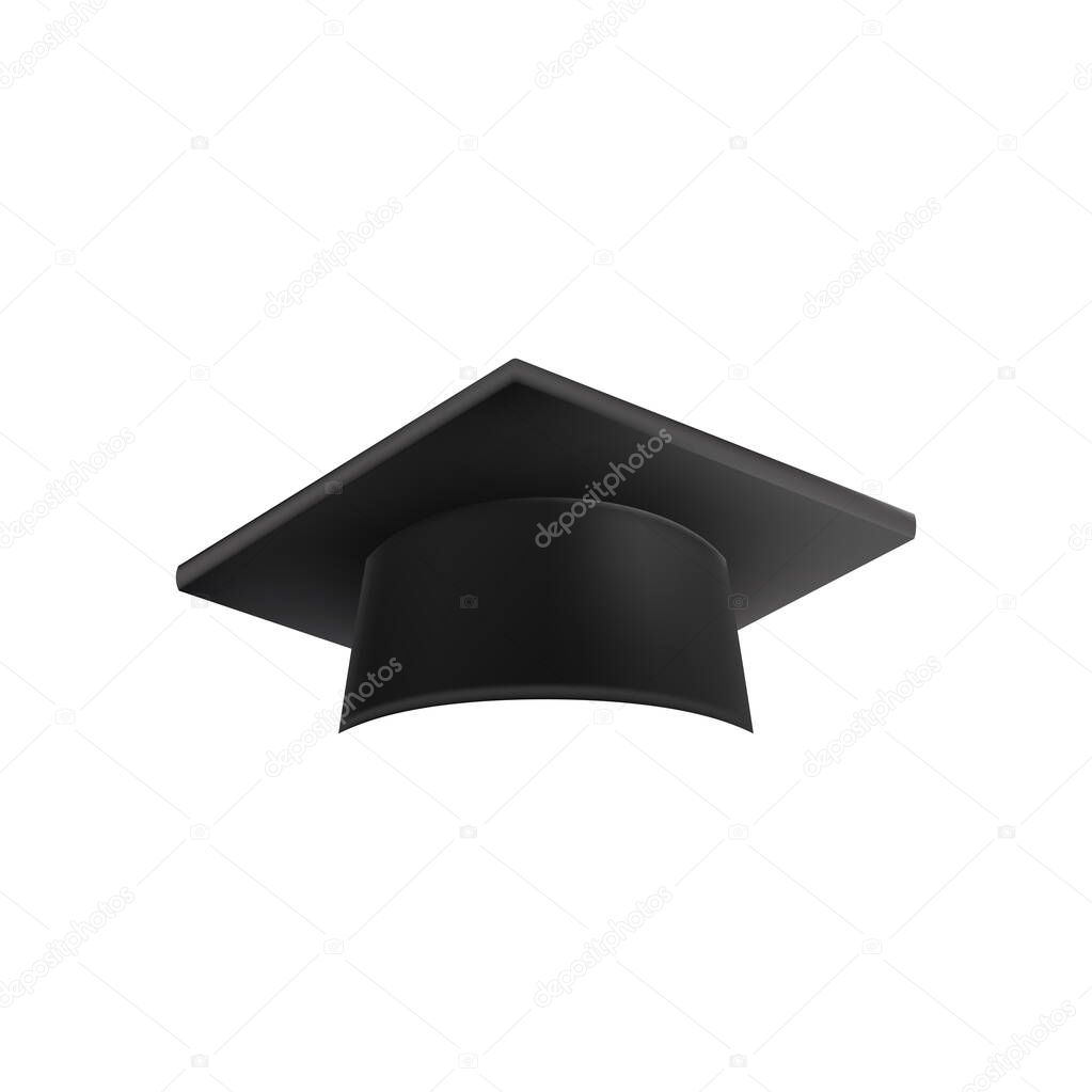 Realistic Black graduate cap. 3D Graduation Doctoral hat. PhD Academic mortarboard. Student degree board. Vector illustration.