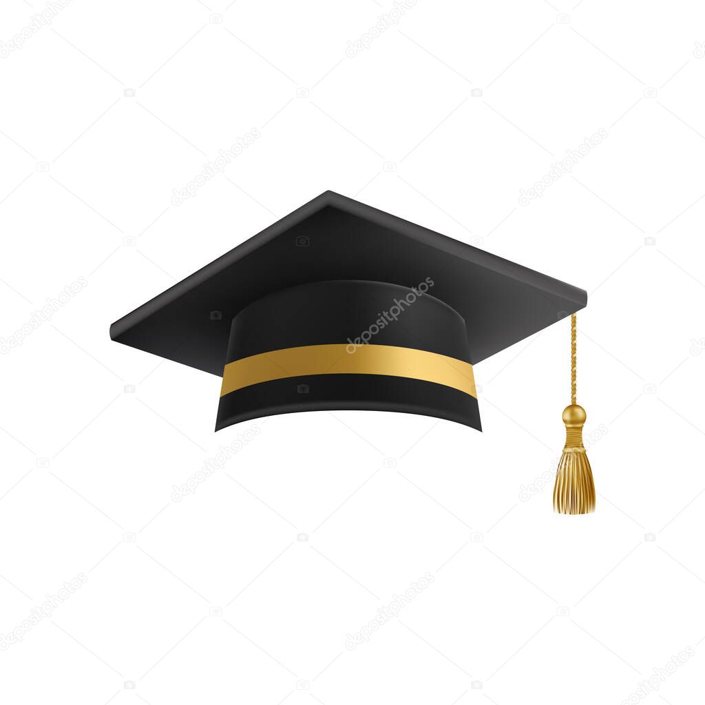 Realistic Black graduate cap. 3D Graduation Doctoral hat. PhD Academic mortarboard. Student degree board. Vector illustration.