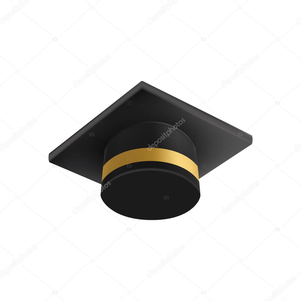 Realistic Black graduate cap. 3D Graduation Doctoral hat. PhD Academic mortarboard. Student degree board. Vector illustration.