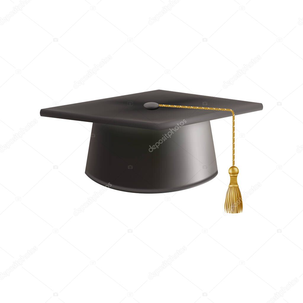 Realistic Black graduate cap. 3D Graduation Doctoral hat. PhD Academic mortarboard. Student degree board. Vector illustration.