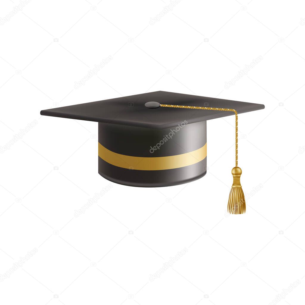 Realistic Black graduate cap. 3D Graduation Doctoral hat. PhD Academic mortarboard. Student degree board. Vector illustration.