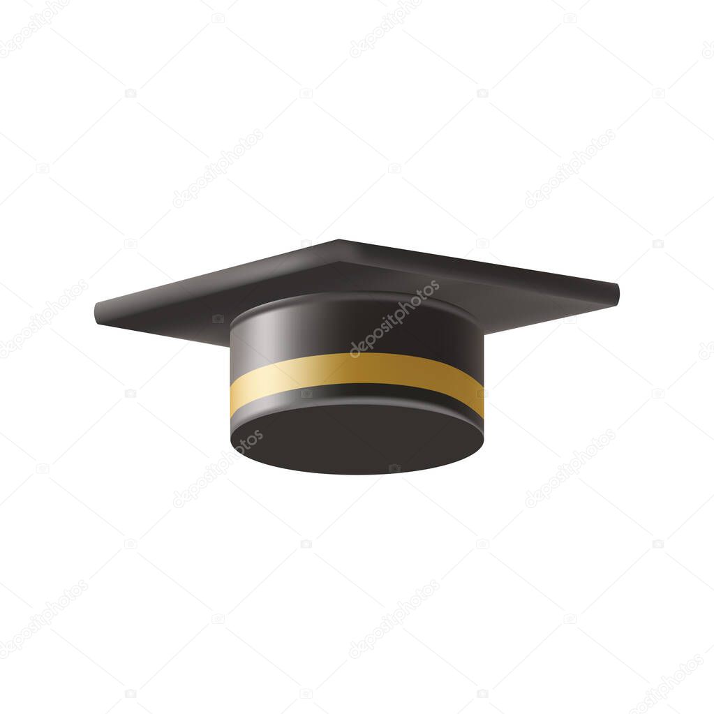 Realistic Black graduate cap. 3D Graduation Doctoral hat. PhD Academic mortarboard. Student degree board. Vector illustration.