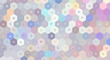 Üç boyutlu altıgen desenli yumuşak pastel soyut arkaplan. Mozaik bg. İnci bal peteğinin anası. Radyal ışık efektleri, pürüzsüz geometrik ızgara. Vektör illüstrasyonu, EPS 10.
