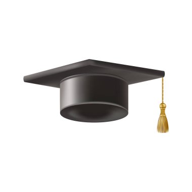 Gerçekçi siyah mezuniyet şapkası. 3 Boyutlu Doktora Şapkası. Yüksek lisans akademik havan topu. Öğrenci diploması. Vektör illüstrasyonu.