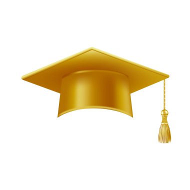 Gerçekçi altın mezuniyet şapkası. 3 Boyutlu Doktora Şapkası. Yüksek lisans akademik havan topu. Öğrenci diploması. Vektör illüstrasyonu.