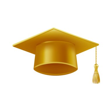 Gerçekçi altın mezuniyet şapkası. 3 Boyutlu Doktora Şapkası. Yüksek lisans akademik havan topu. Öğrenci diploması. Vektör illüstrasyonu.