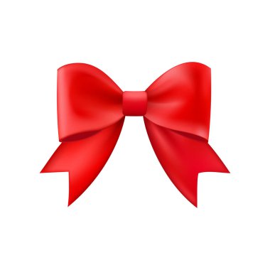 3D gerçekçi kırmızı hediye yayı. Noel, doğum günü ve satış dekorasyonu. İpek fiyonk. Geleneksel tatil aksesuarı. Vektör illüstrasyonuName.