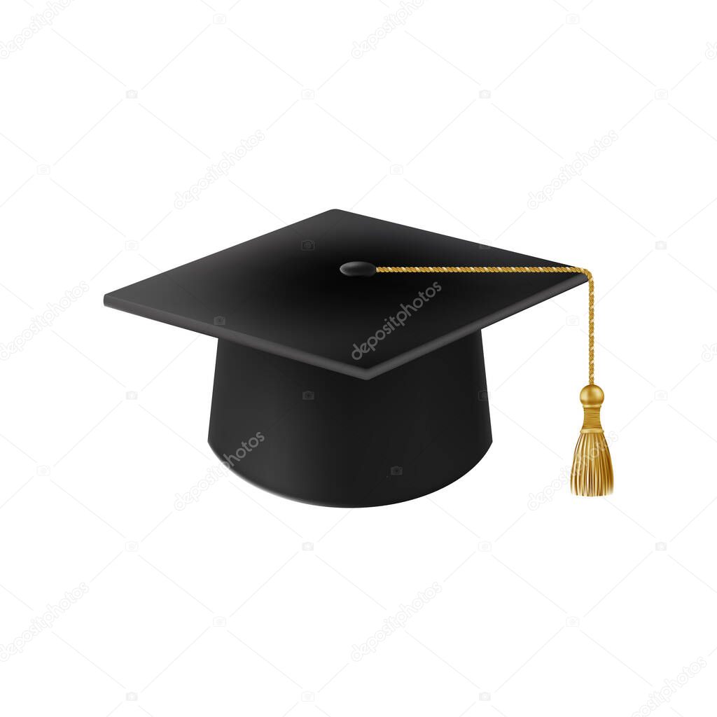 Realistic Black graduate cap. 3D Graduation Doctoral hat. PhD Academic mortarboard. Student degree board. Vector illustration.