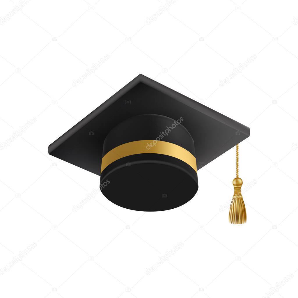 Realistic Black graduate cap. 3D Graduation Doctoral hat. PhD Academic mortarboard. Student degree board. Vector illustration.