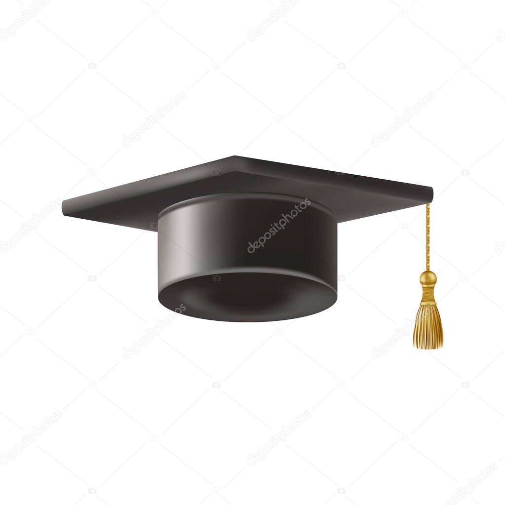 Realistic Black graduate cap. 3D Graduation Doctoral hat. PhD Academic mortarboard. Student degree board. Vector illustration.