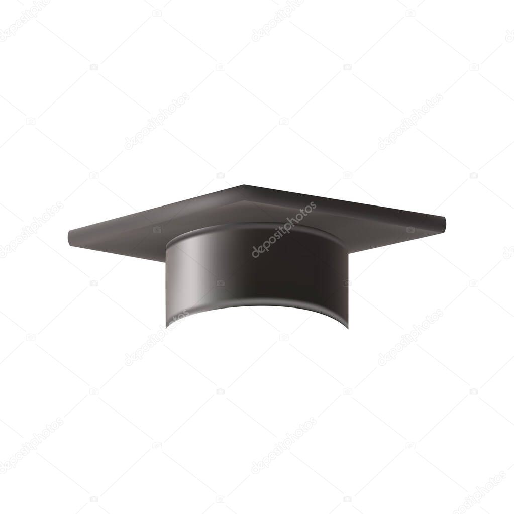 Realistic Black graduate cap. 3D Graduation Doctoral hat. PhD Academic mortarboard. Student degree board. Vector illustration.