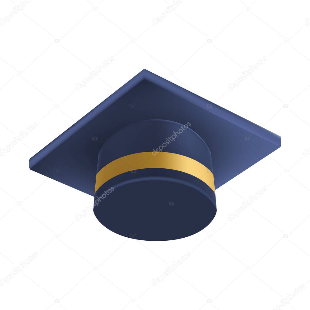 Realistic Blue graduate cap. 3D Graduation Doctoral hat. PhD Academic mortarboard. Student degree board. Vector illustration.