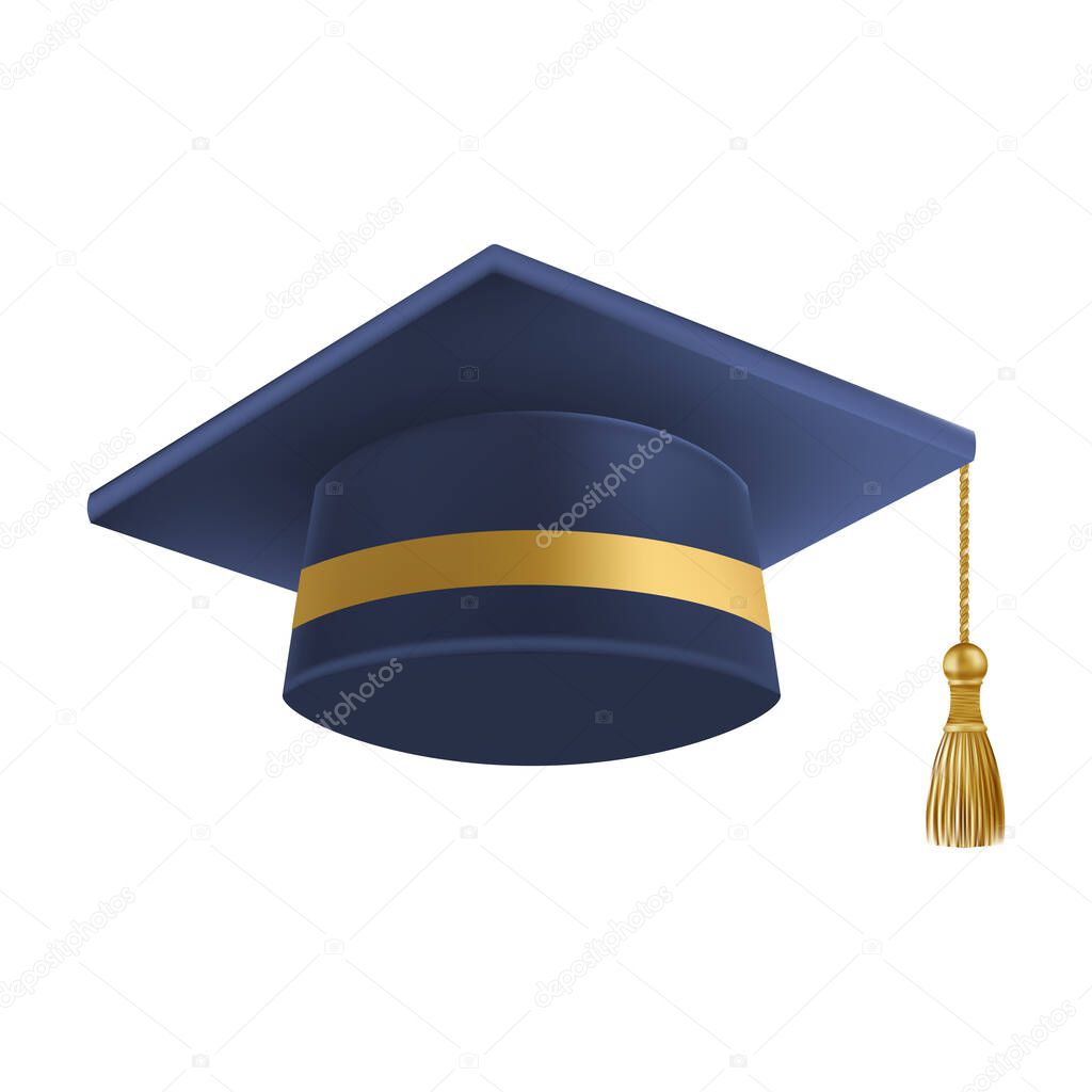 Realistic Blue graduate cap. 3D Graduation Doctoral hat. PhD Academic mortarboard. Student degree board. Vector illustration.