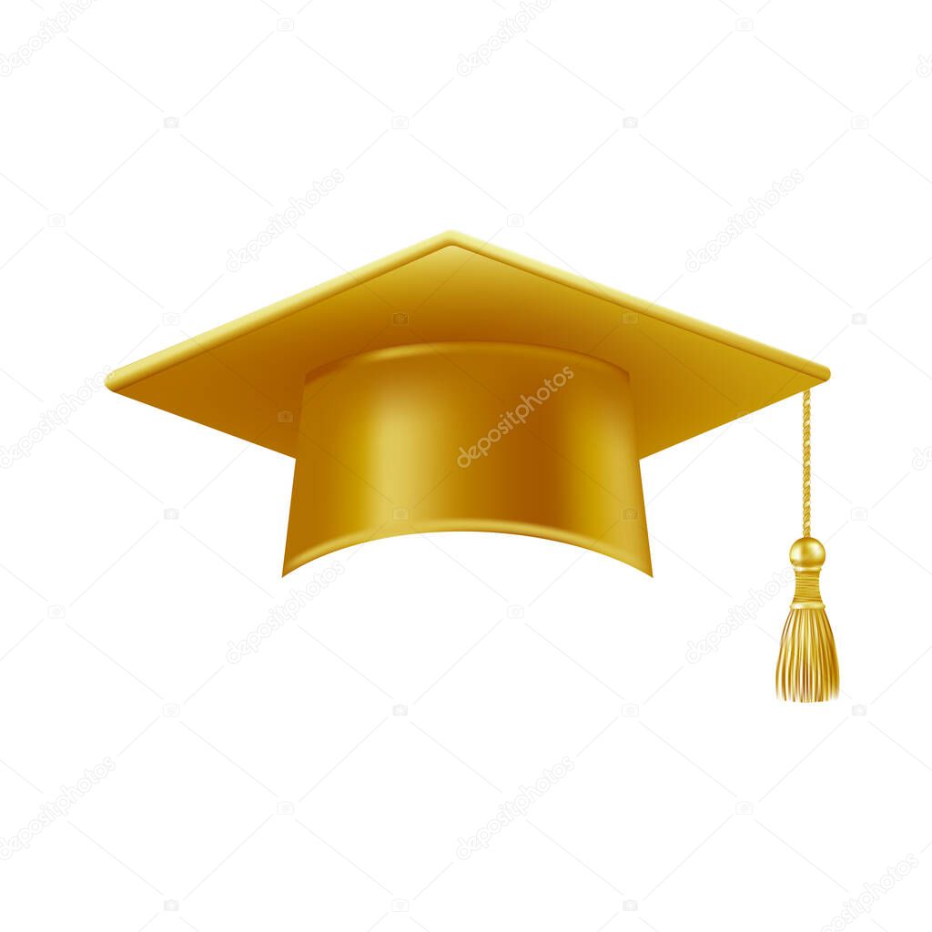 Realistic gold graduate cap. 3D Graduation Doctoral hat. PhD Academic mortarboard. Student degree board. Vector illustration.