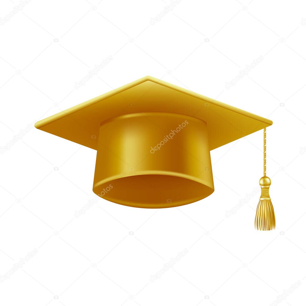 Realistic gold graduate cap. 3D Graduation Doctoral hat. PhD Academic mortarboard. Student degree board. Vector illustration.