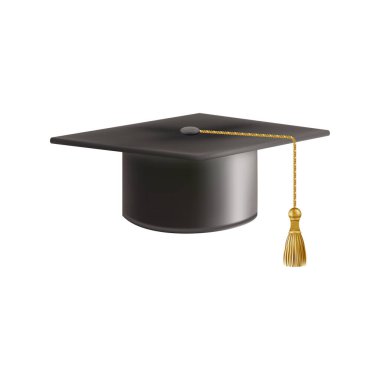 Gerçekçi siyah mezuniyet şapkası. 3 Boyutlu Doktora Şapkası. Yüksek lisans akademik havan topu. Öğrenci diploması. Vektör illüstrasyonu.