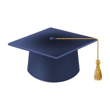 Gerçekçi Mavi mezuniyet şapkası. 3 Boyutlu Doktora Şapkası. Yüksek lisans akademik havan topu. Öğrenci diploması. Vektör illüstrasyonu.