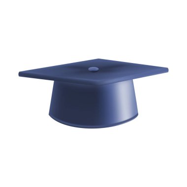 Gerçekçi Mavi mezuniyet şapkası. 3 Boyutlu Doktora Şapkası. Yüksek lisans akademik havan topu. Öğrenci diploması. Vektör illüstrasyonu.