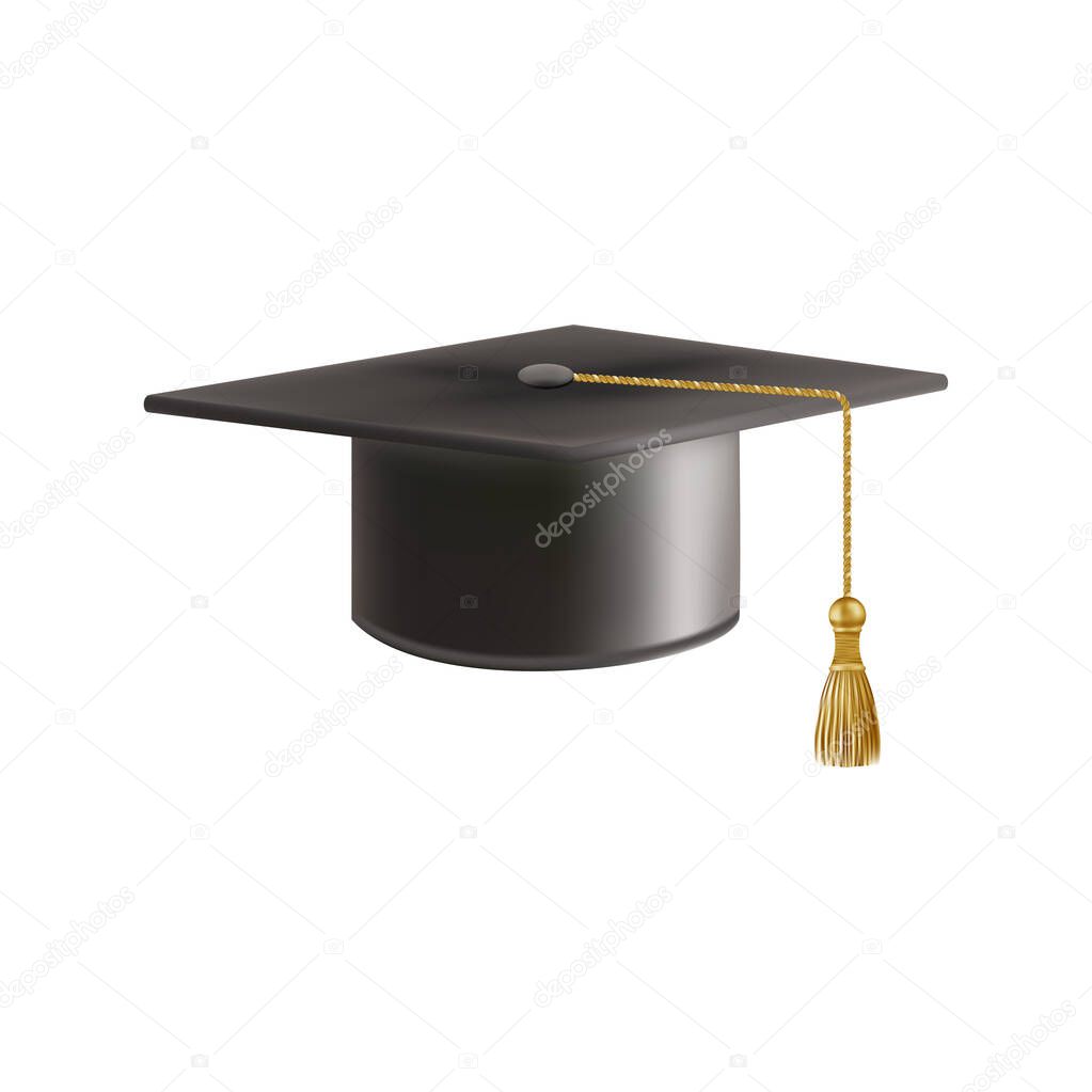 Realistic Black graduate cap. 3D Graduation Doctoral hat. PhD Academic mortarboard. Student degree board. Vector illustration.