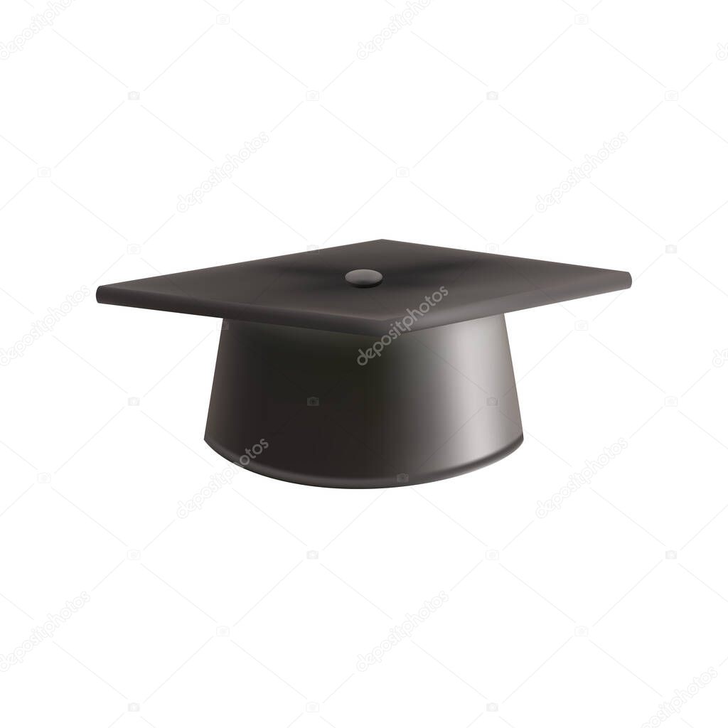 Realistic Black graduate cap. 3D Graduation Doctoral hat. PhD Academic mortarboard. Student degree board. Vector illustration.