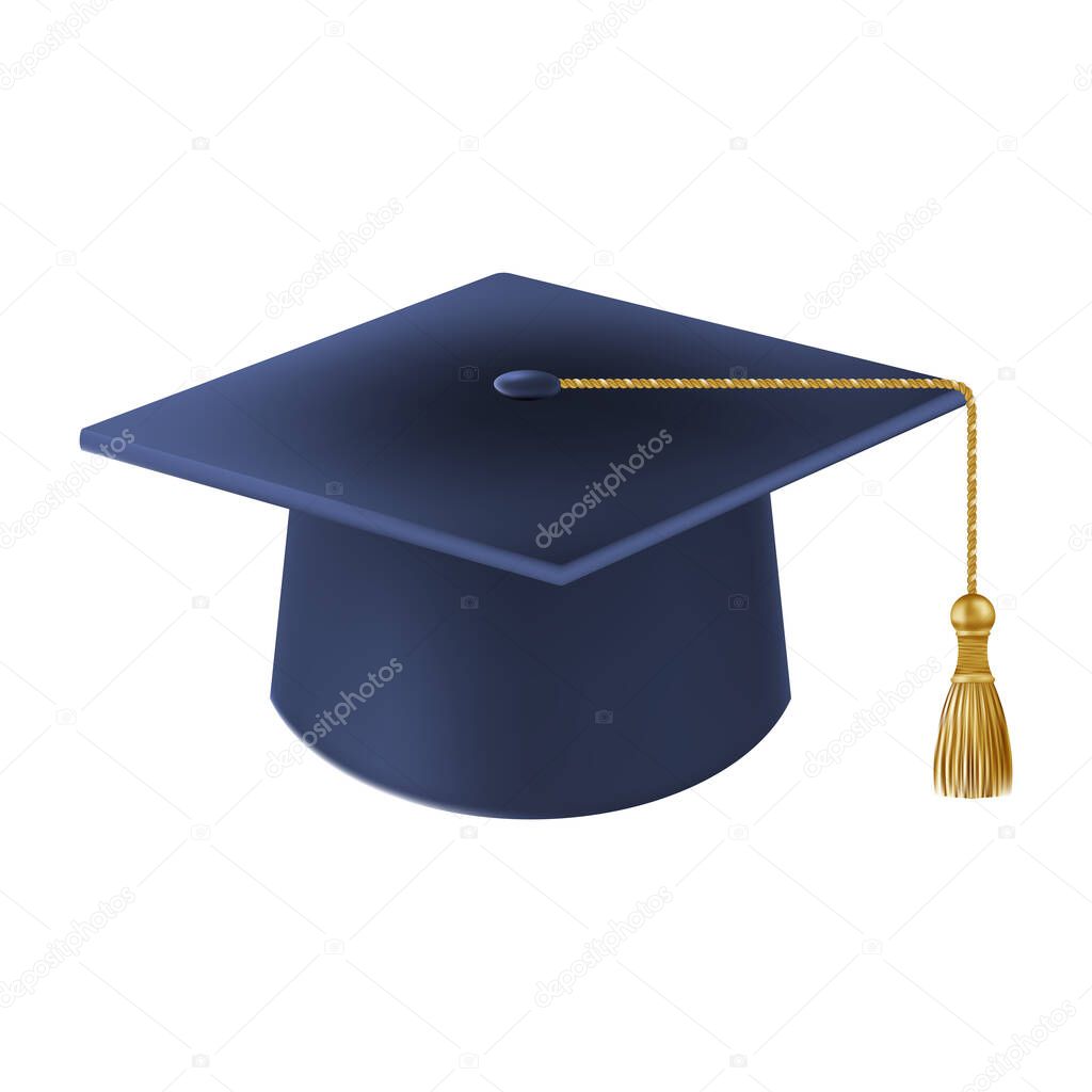 Realistic Blue graduate cap. 3D Graduation Doctoral hat. PhD Academic mortarboard. Student degree board. Vector illustration.
