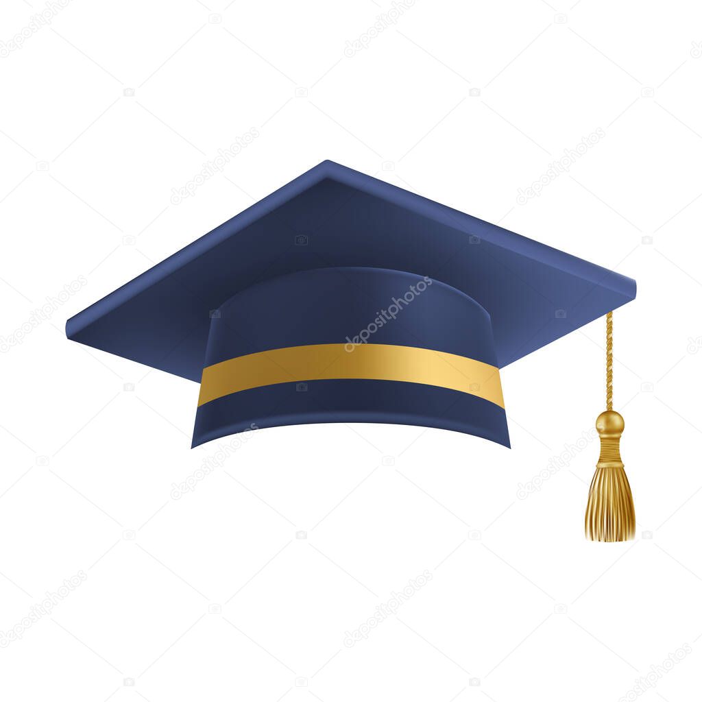 Realistic Blue graduate cap. 3D Graduation Doctoral hat. PhD Academic mortarboard. Student degree board. Vector illustration.