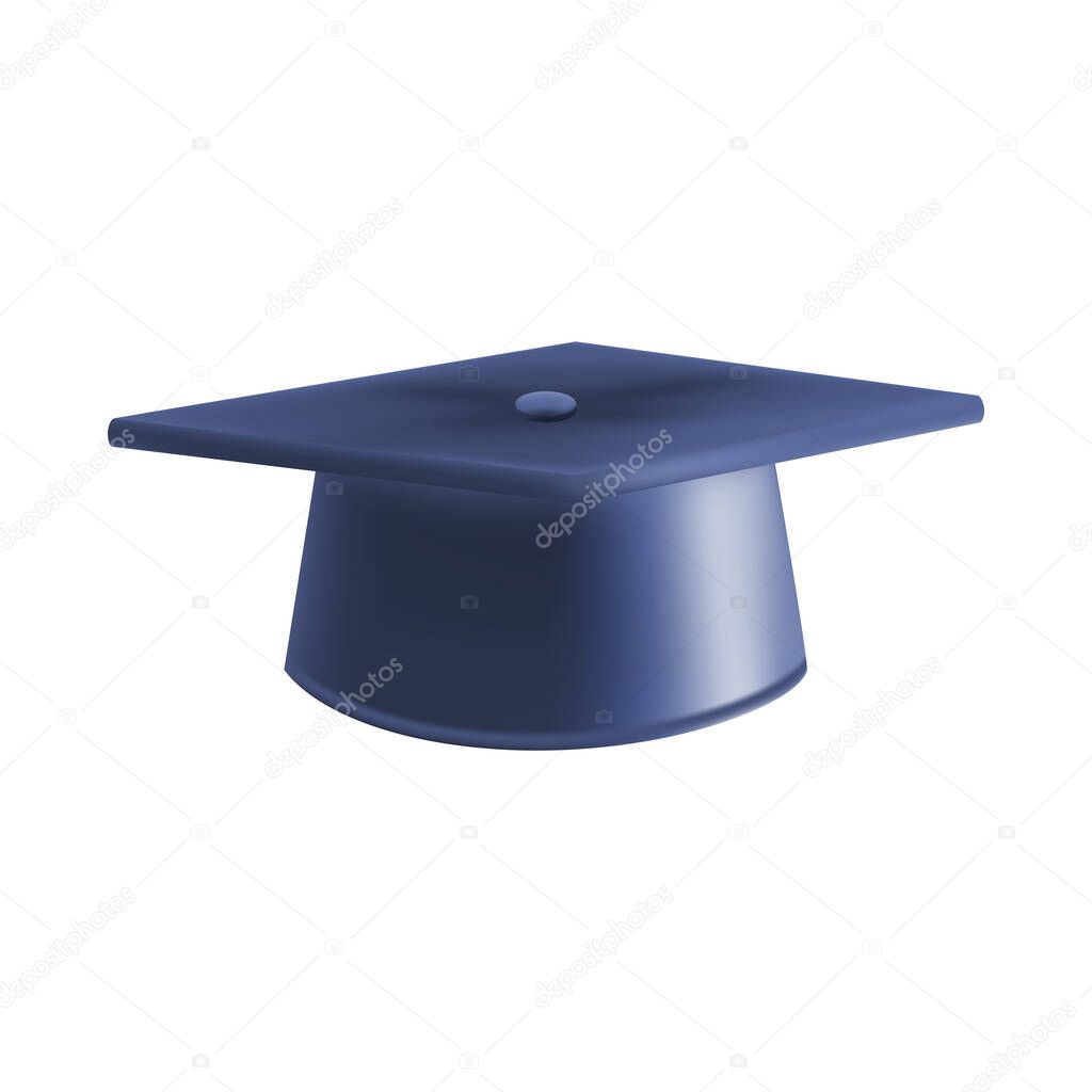 Realistic Blue graduate cap. 3D Graduation Doctoral hat. PhD Academic mortarboard. Student degree board. Vector illustration.