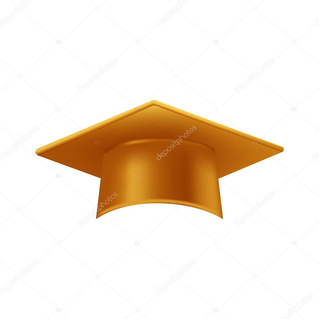 Realistic gold graduate cap. 3D Graduation Doctoral hat. PhD Academic mortarboard. Student degree board. Vector illustration.