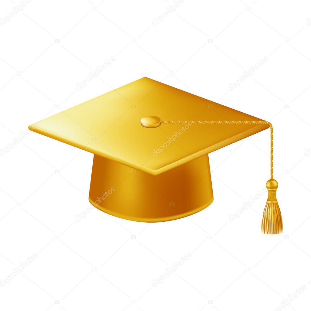 Realistic gold graduate cap. 3D Graduation Doctoral hat. PhD Academic mortarboard. Student degree board. Vector illustration.