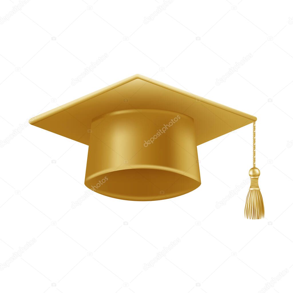 Realistic gold graduate cap. 3D Graduation Doctoral hat. PhD Academic mortarboard. Student degree board. Vector illustration.
