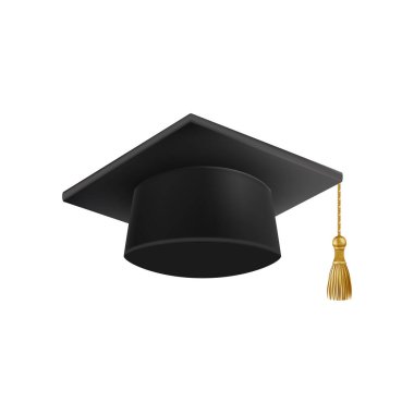 Gerçekçi siyah mezuniyet şapkası. 3 Boyutlu Doktora Şapkası. Yüksek lisans akademik havan topu. Öğrenci diploması. Vektör illüstrasyonu.