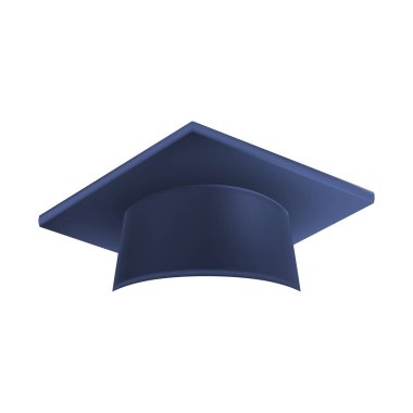 Gerçekçi Mavi mezuniyet şapkası. 3 Boyutlu Doktora Şapkası. Yüksek lisans akademik havan topu. Öğrenci diploması. Vektör illüstrasyonu.