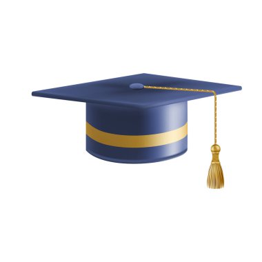 Gerçekçi Mavi mezuniyet şapkası. 3 Boyutlu Doktora Şapkası. Yüksek lisans akademik havan topu. Öğrenci diploması. Vektör illüstrasyonu.