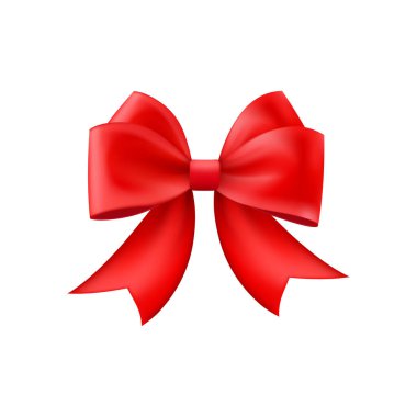 3D gerçekçi kırmızı hediye yayı. Noel, doğum günü ve satış dekorasyonu. İpek fiyonk. Geleneksel tatil aksesuarı. Vektör illüstrasyonuName.