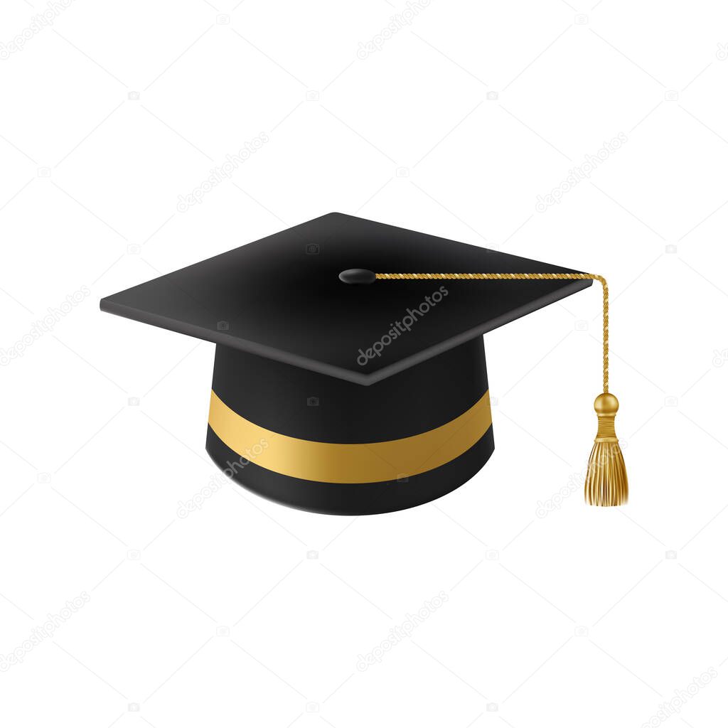 Realistic Black graduate cap. 3D Graduation Doctoral hat. PhD Academic mortarboard. Student degree board. Vector illustration.